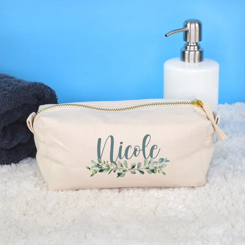 Beautycase & Schlampermäppchen mit Eukalyptus Motiv und Name personalisiert | Canvas Tasche 2 Größen