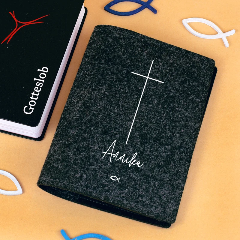 Buchhülle für Gotteslob mit Kreuz & Ichthys Fisch | Personalisierte Schutzhülle für Gesangbuch mit Name