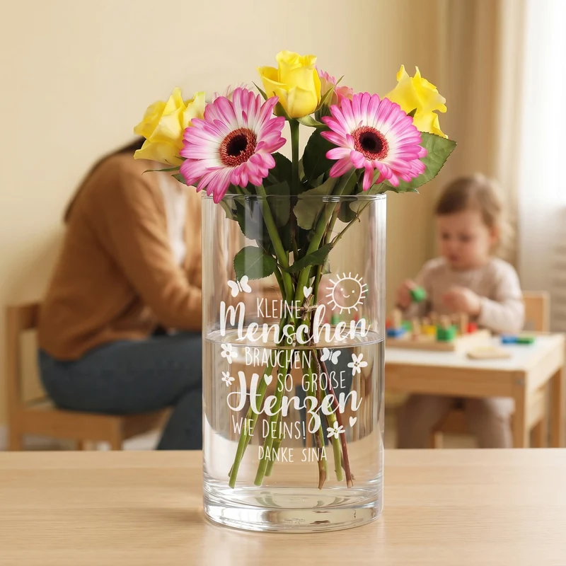 Glas Vase mit Gravur für Erzieherin | Personalisiertes Dankeschön Geschenk für Kita & Kindergarten