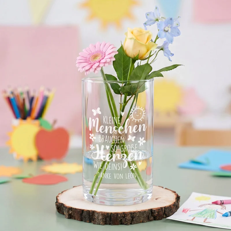 Glas Vase mit Gravur für Erzieherin | Personalisiertes Dankeschön Geschenk für Kita & Kindergarten
