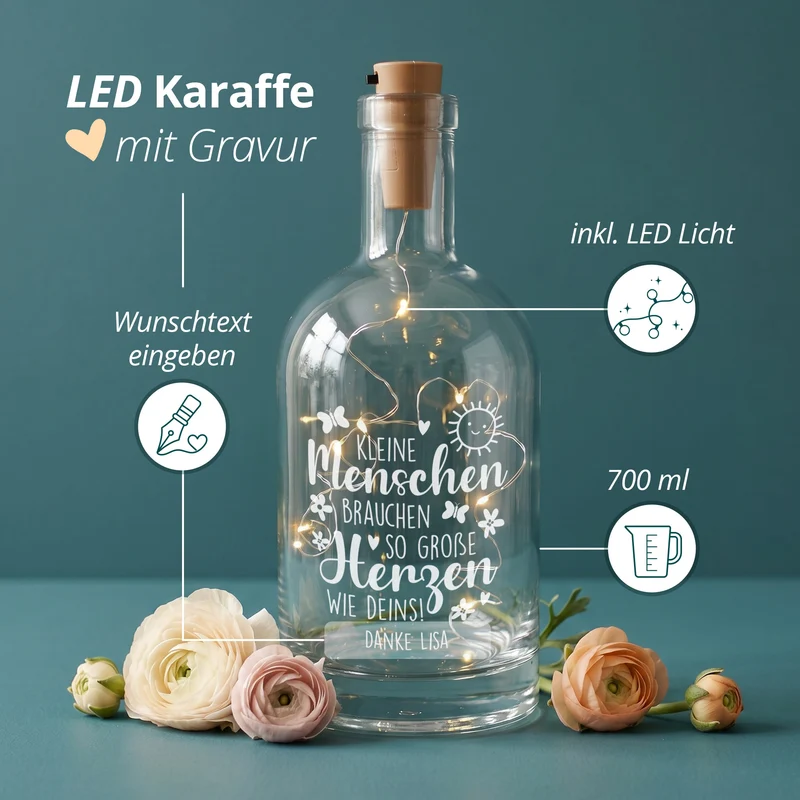 LED Karaffe mit Gravur als Dankeschön Geschenk für Erzieher & Lehrer mit Herz | Deko Licht Lampe
