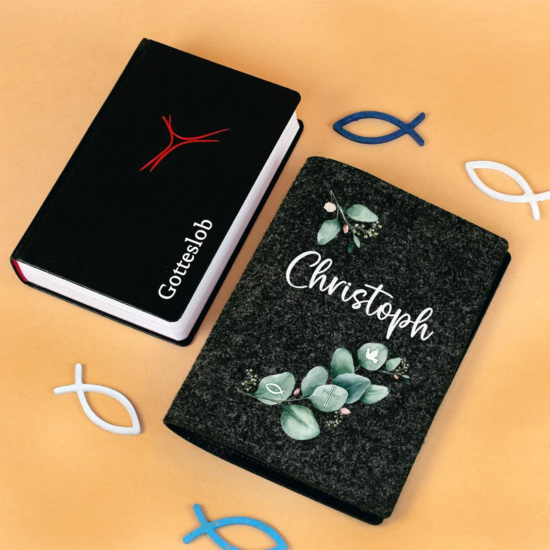 Buchhülle für Gotteslob mit Eukalyptus Motiv und Name | Personalisierte Schutzhülle für Gesangbuch