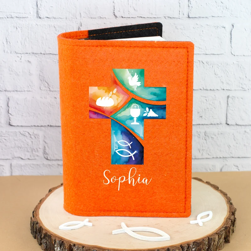 Personalisierte Buchhülle für Gotteslob & Gesangbuch mit Watercolor Kreuz | Anthrazit oder Orange