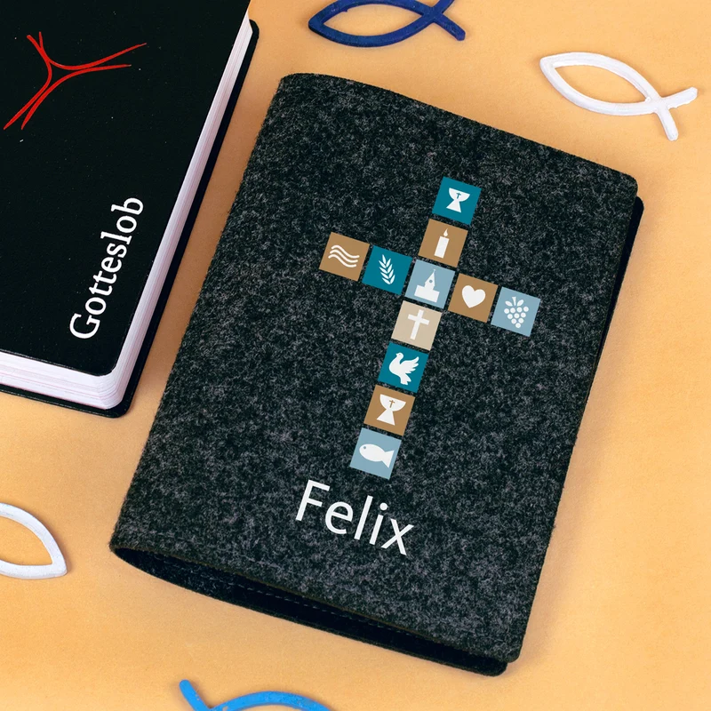 Buchhülle für Gotteslob & Gesangbuch mit Kreuz und Name personalisiert | Geschenk für Jungen und Männer