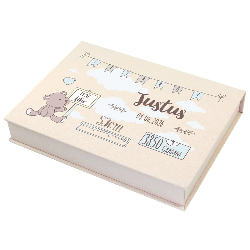 Handgearbeitete Erinnerungsbox als personalisiertes Geschenk zur Geburt für Jungen | Fotobox als Buch