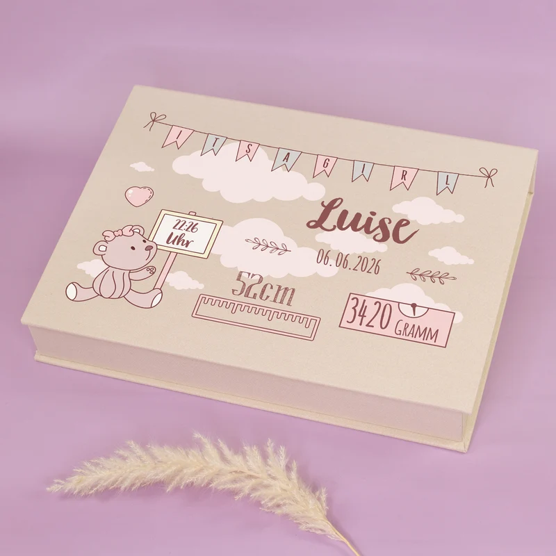 Erinnerungsbox als Geschenk zur Geburt für Mädchen mit Geburtsdaten | Fotobox als Coffee Table Book