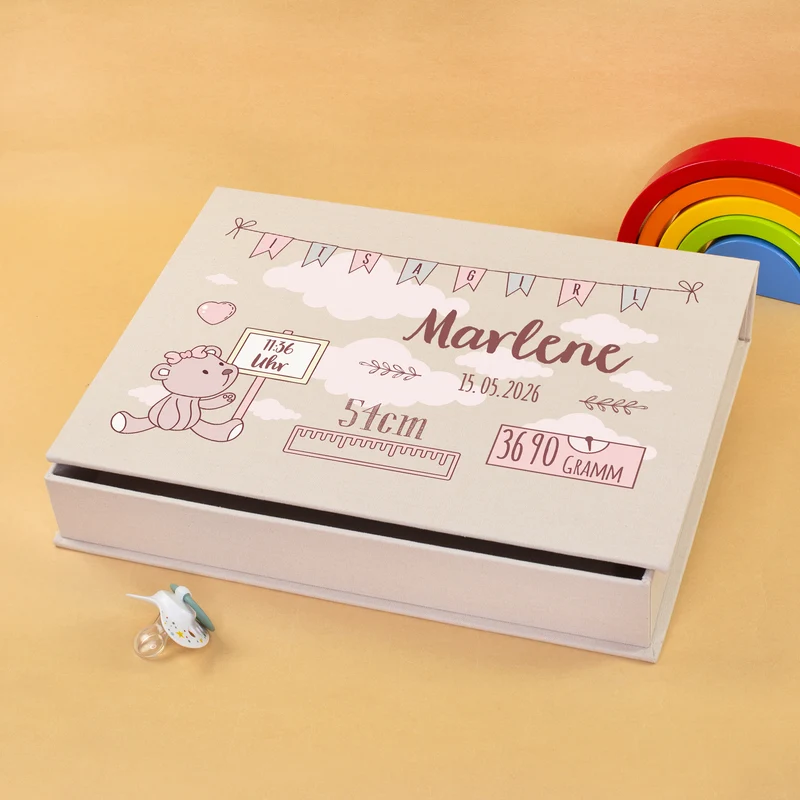 Erinnerungsbox als Geschenk zur Geburt für Mädchen mit Geburtsdaten | Fotobox als Coffee Table Book