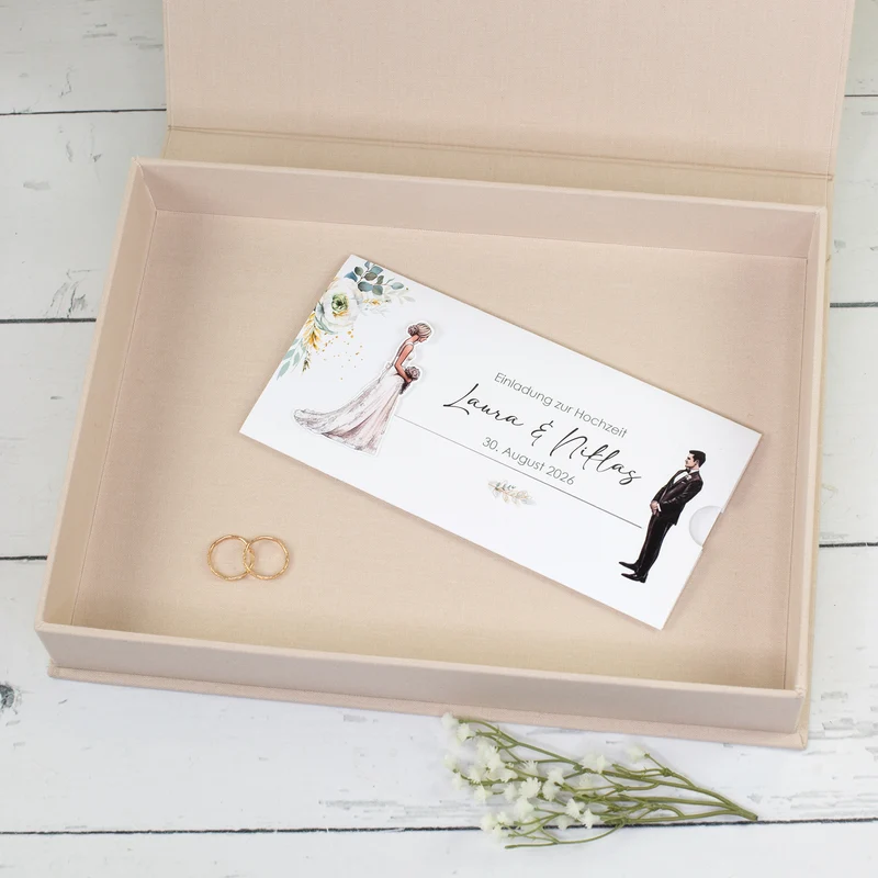 Erinnerungsbox zur Hochzeit personalisiert und handgefertigt | Fotobox in Buch Form mit Eukalyptus Motiv
