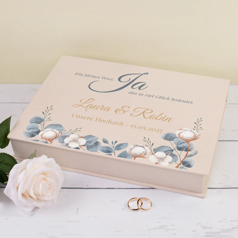 Erinnerungsbox zur Hochzeit personalisiert und handgefertigt | Fotobox in Buch Form mit Eukalyptus Motiv