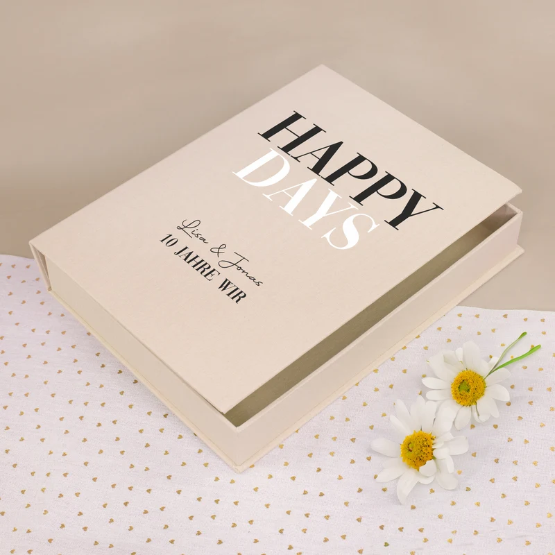 Personalisierte Erinnerungsbox Happy Days | Handgearbeitet Fotobox in Buchform für Hochzeit & Familie