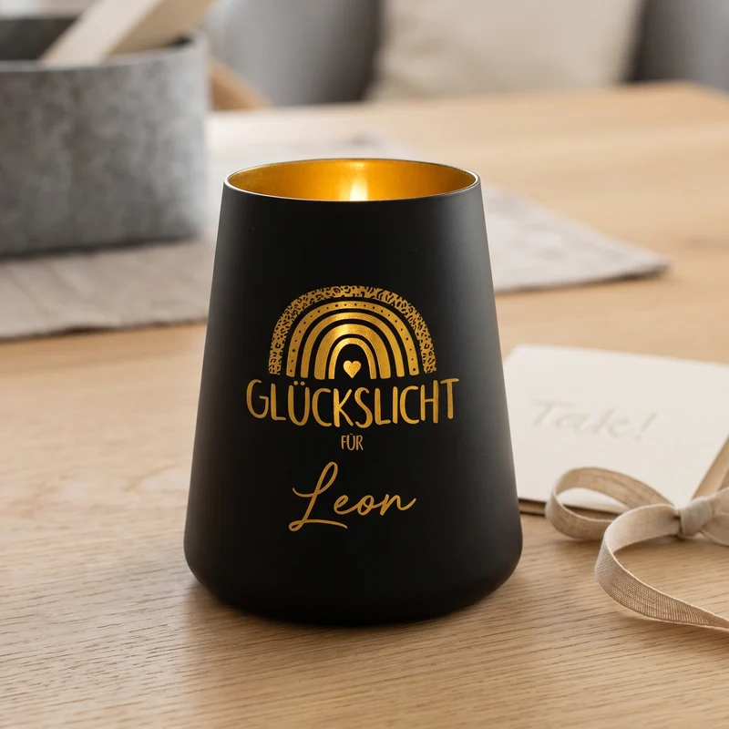 Glückslicht mit Regenbogen & Name personalisiert als Geschenk | Deko Windlicht mit Gravur u. Farbwahl
