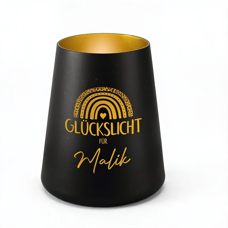 Glückslicht mit Regenbogen & Name personalisiert als Geschenk | Deko Windlicht mit Gravur u. Farbwahl