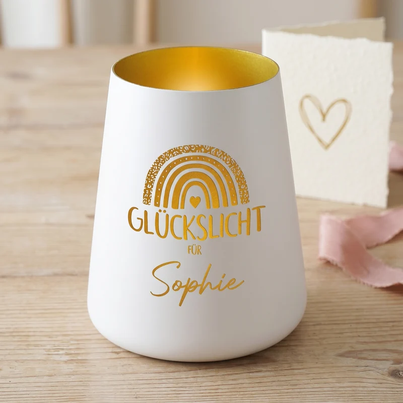 Glückslicht mit Regenbogen & Name personalisiert als Geschenk | Deko Windlicht mit Gravur u. Farbwahl