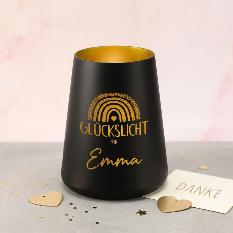 Glückslicht mit Regenbogen & Name personalisiert als Geschenk | Deko Windlicht mit Gravur u. Farbwahl