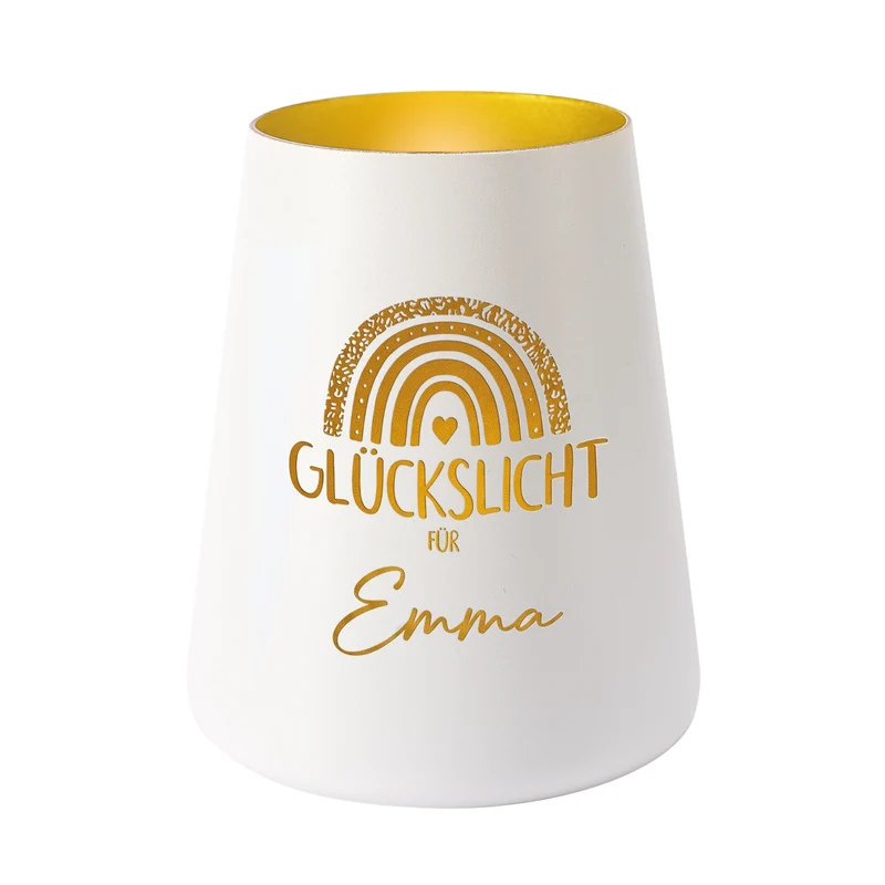 Glückslicht mit Regenbogen & Name personalisiert als Geschenk | Deko Windlicht mit Gravur u. Farbwahl