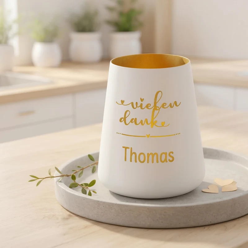Personalisiertes Windlicht als Dankeschön Geschenk mit Name | Deko licht mit Gravur 'Vielen Dank'