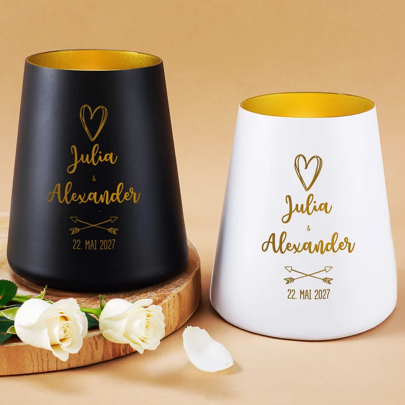 Windlicht zur Hochzeit personalisiert mit Namen & Datum | Deko Licht in Weiß oder Schwarz für Paare