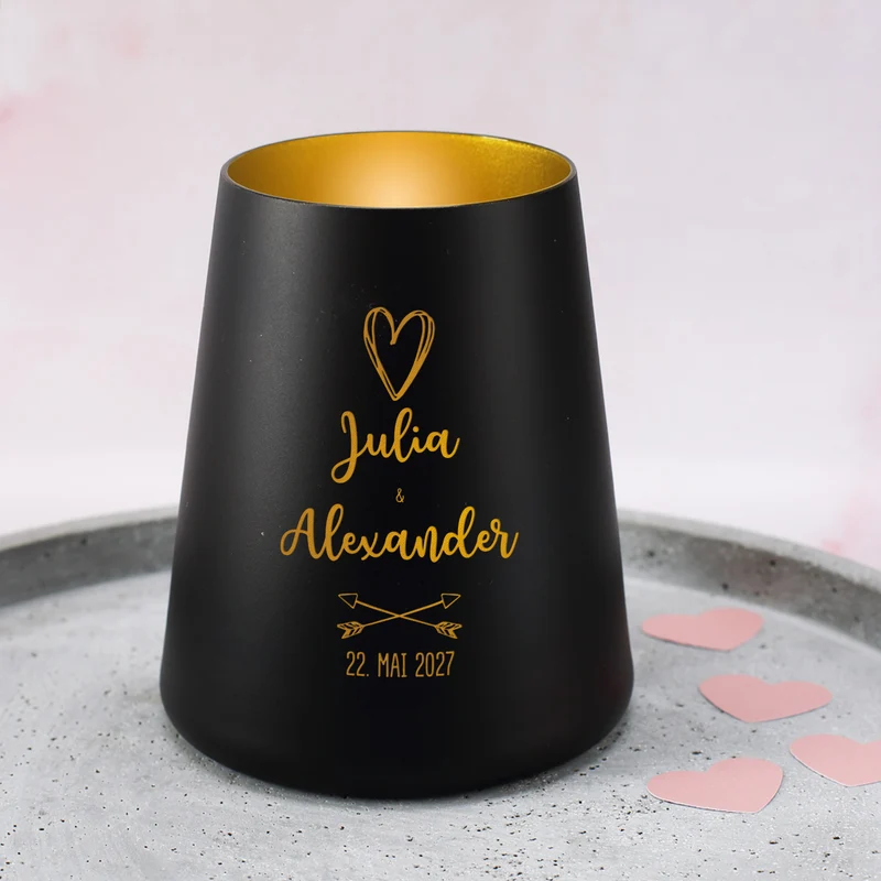 Windlicht zur Hochzeit personalisiert mit Namen & Datum | Deko Licht in Weiß oder Schwarz für Paare
