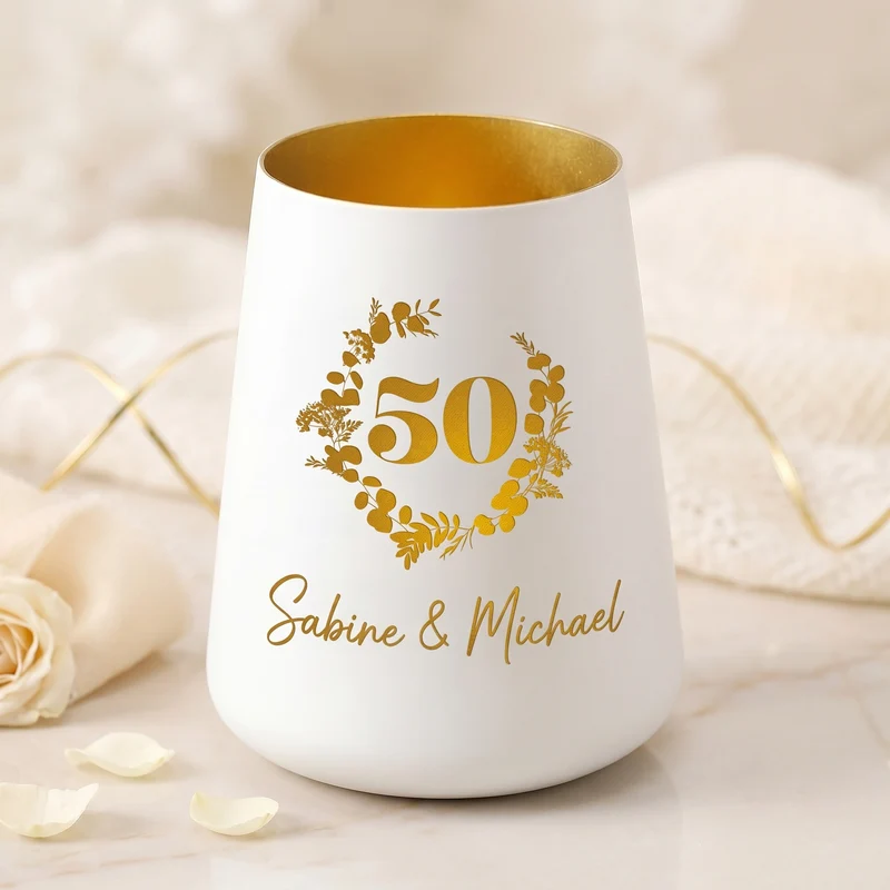 Windlicht zur Goldenen Hochzeit mit Namen personalisiert | Deko Licht zum 50. Hochzeitstag mit Gravur