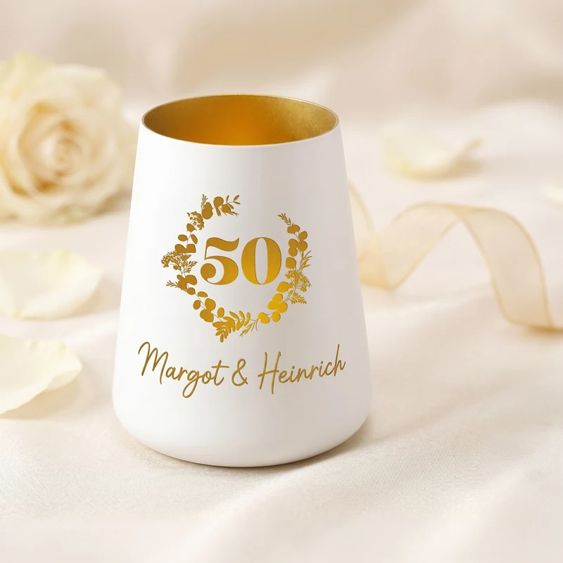 Windlicht zur Goldenen Hochzeit mit Namen personalisiert | Deko Licht zum 50. Hochzeitstag mit Gravur
