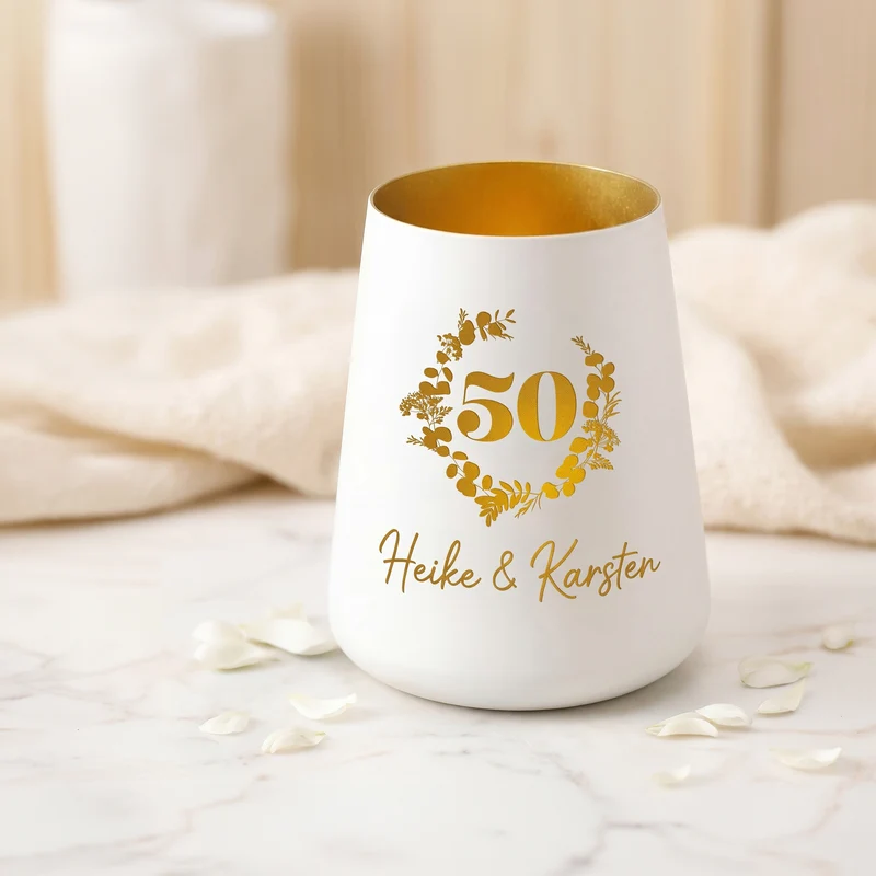 Windlicht zur Goldenen Hochzeit mit Namen personalisiert | Deko Licht zum 50. Hochzeitstag mit Gravur