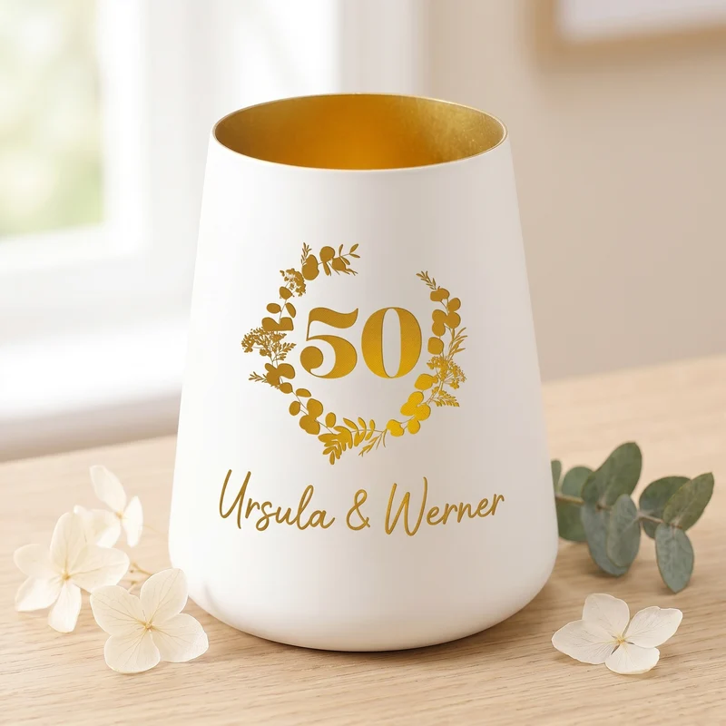 Windlicht zur Goldenen Hochzeit mit Namen personalisiert | Deko Licht zum 50. Hochzeitstag mit Gravur
