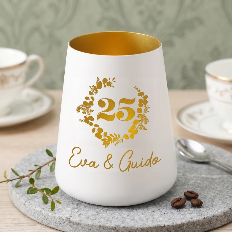 Windlicht zur Silberhochzeit mit Namen personalisiert | Deko Licht zum 25. Hochzeitstag mit Gravur