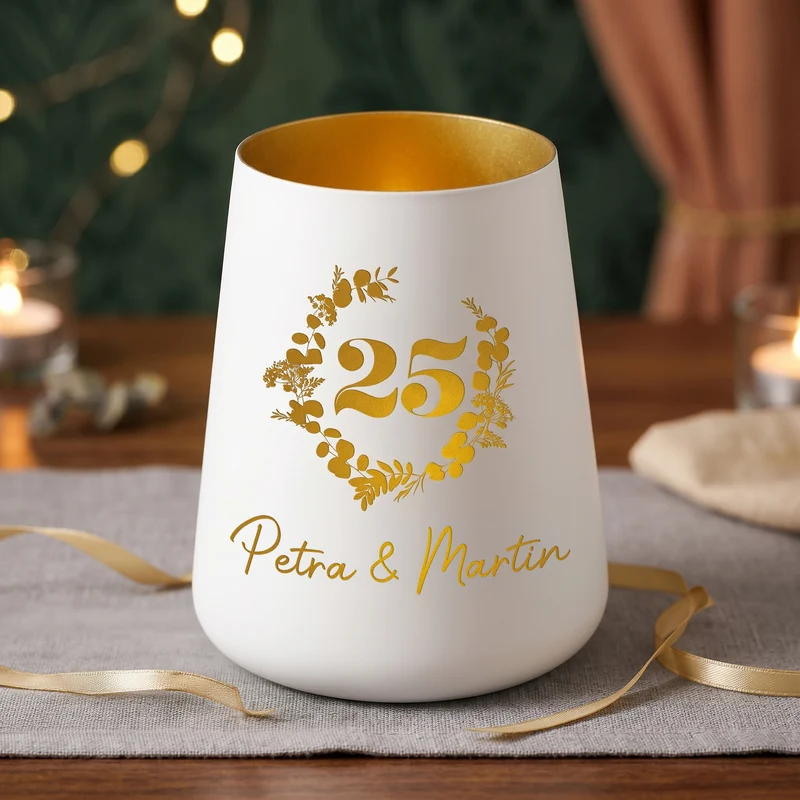 Windlicht zur Silberhochzeit mit Namen personalisiert | Deko Licht zum 25. Hochzeitstag mit Gravur