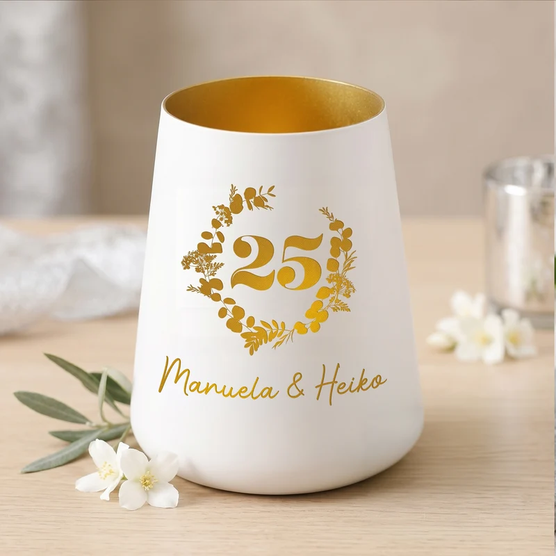 Windlicht zur Silberhochzeit mit Namen personalisiert | Deko Licht zum 25. Hochzeitstag mit Gravur