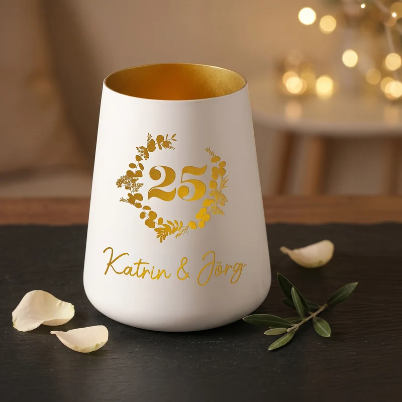 Windlicht zur Silberhochzeit mit Namen personalisiert | Deko Licht zum 25. Hochzeitstag mit Gravur