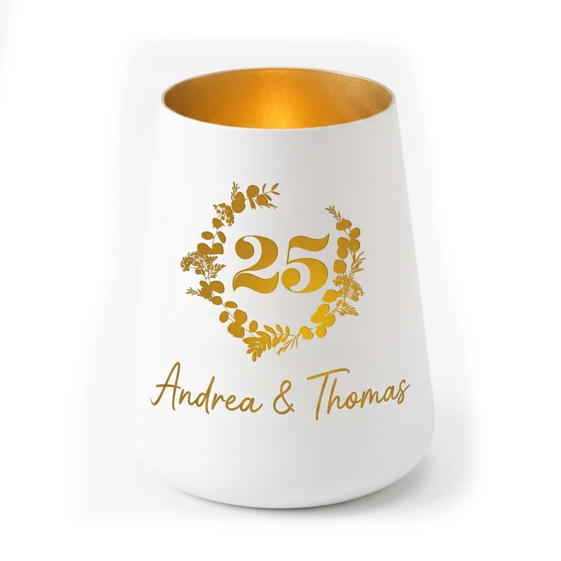 Windlicht zur Silberhochzeit mit Namen personalisiert | Deko Licht zum 25. Hochzeitstag mit Gravur