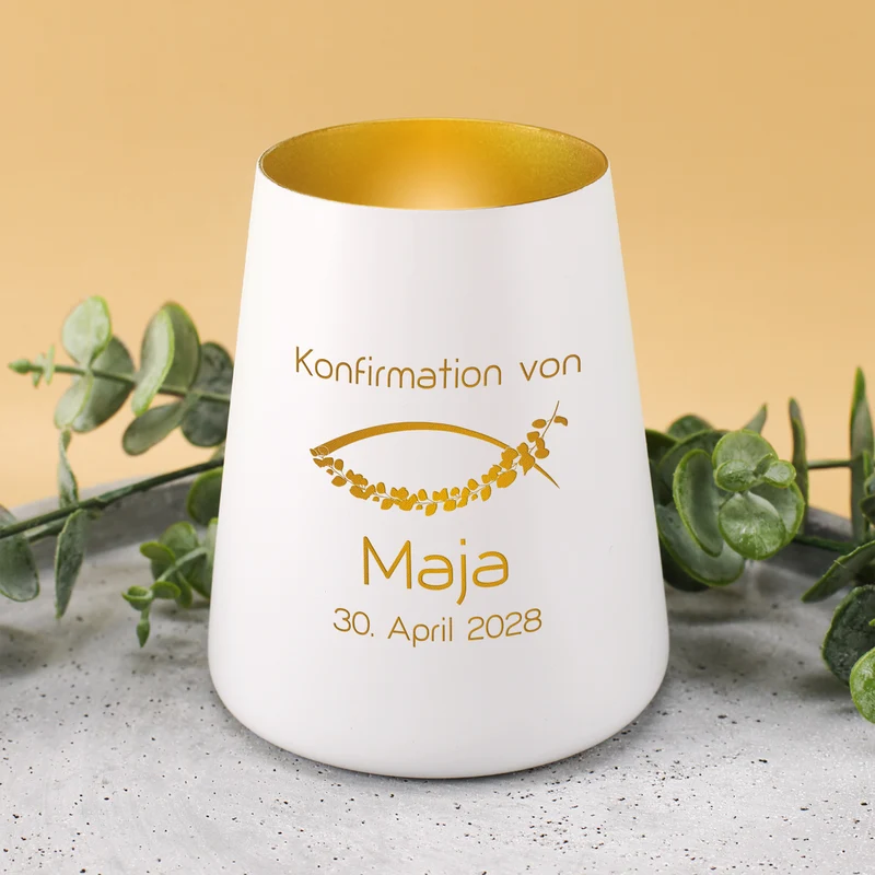 Windlicht zur Taufe, Kommunion & Konfirmation mit Gravur | Personalisiertes Deko Licht in Weiß Gold