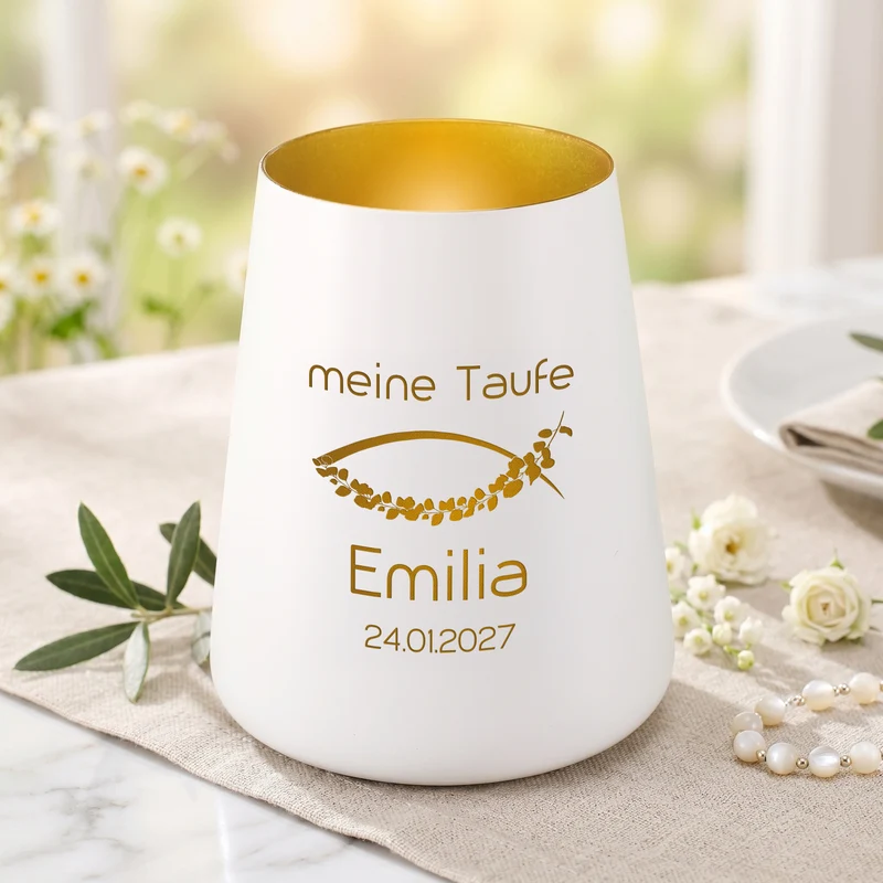 Windlicht zur Taufe, Kommunion & Konfirmation mit Gravur | Personalisiertes Deko Licht in Weiß Gold