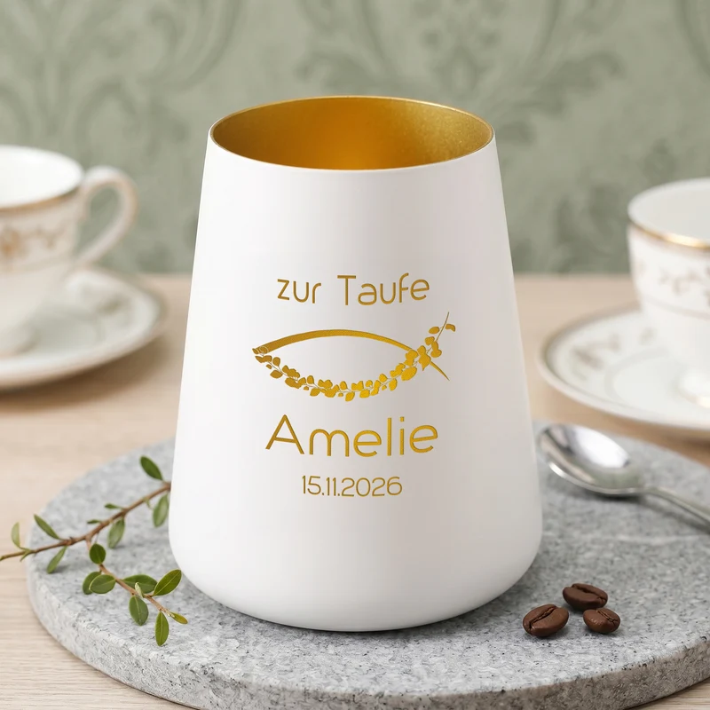 Windlicht zur Taufe, Kommunion & Konfirmation mit Gravur | Personalisiertes Deko Licht in Weiß Gold