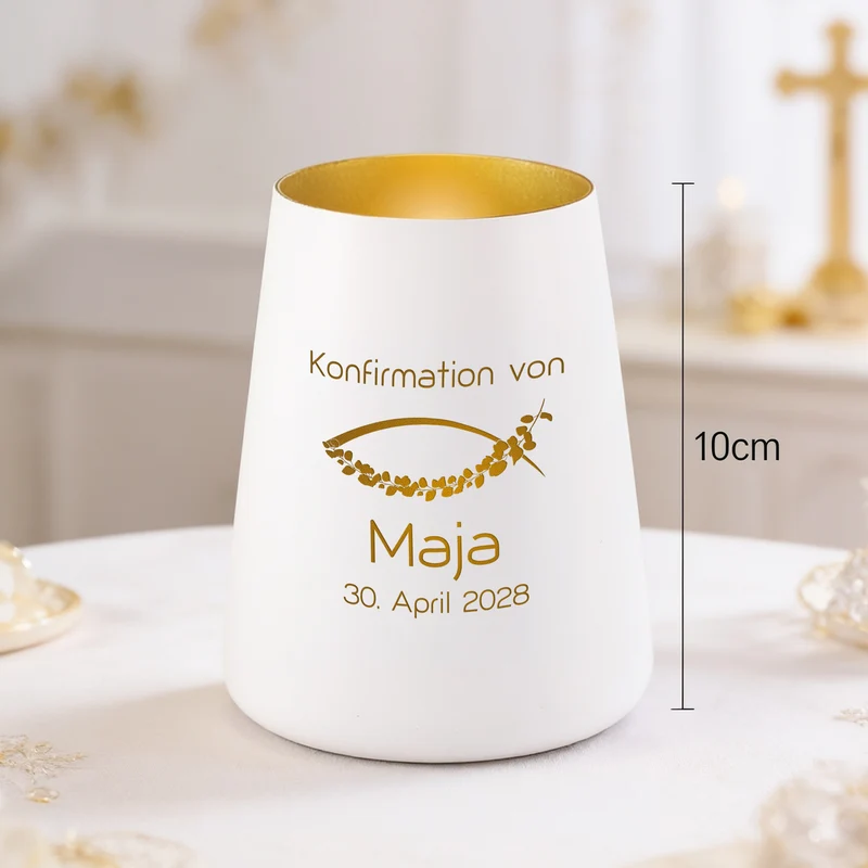 Windlicht zur Taufe, Kommunion & Konfirmation mit Gravur | Personalisiertes Deko Licht in Weiß Gold