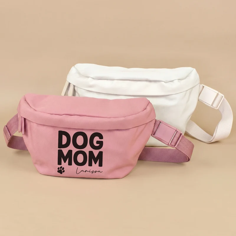 Bauchtasche personalisiert mit Name in Beige o. Rosa 'Dog Mom' | Gürteltasche für Hunde Mama & Frauen