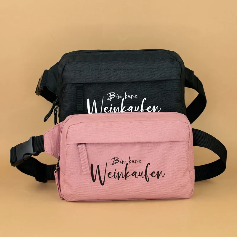 Bauchtasche 'Bin Weinkaufen' in Schwarz & Rosa | Umhängetasche als Geschenk für Frauen & Weinliebhaber