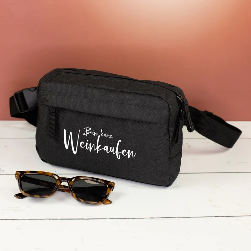Bauchtasche 'Bin Weinkaufen' in Schwarz & Rosa | Umhängetasche als Geschenk für Frauen & Weinliebhaber