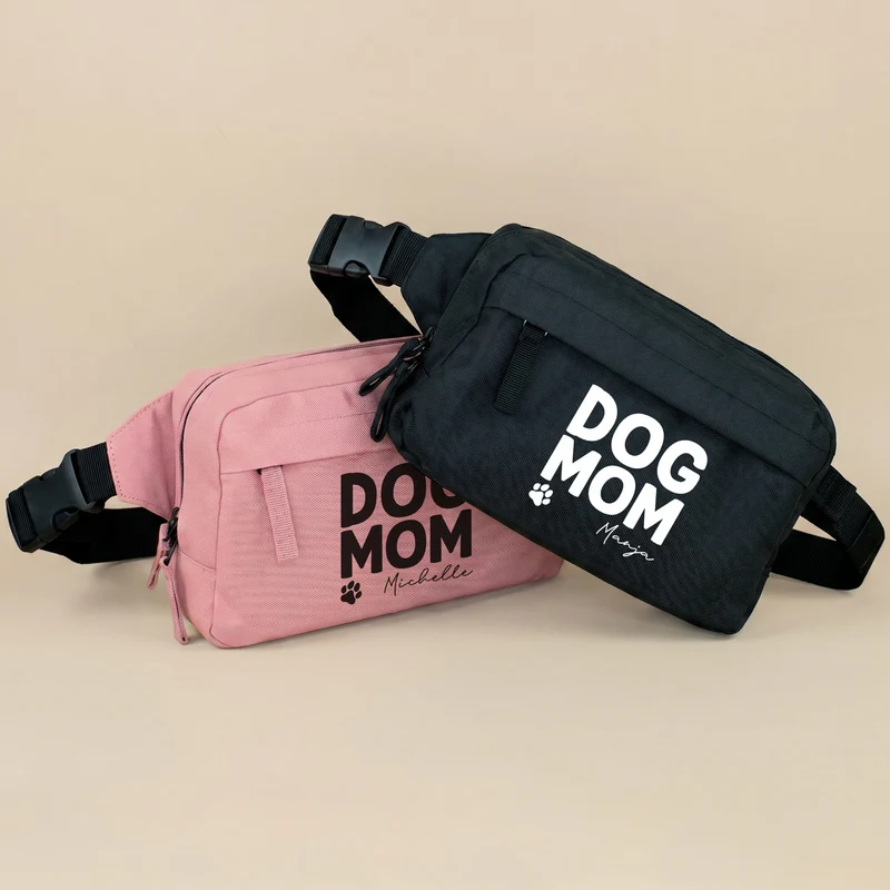 Bauchtasche 'Dog Mom' personalisiert mit Name in Schwarz o. Rosa | Gürteltasche für Hunde Mama & Frauen