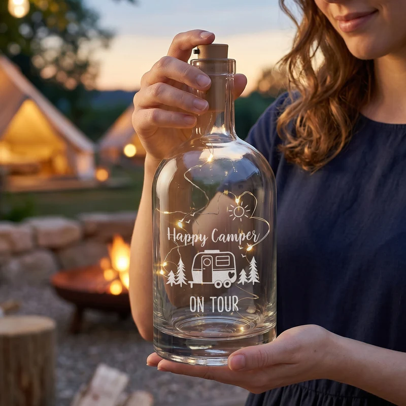 LED Karaffe 'Happy Camper' mit Wunschtext personalisiert | Camping Flaschenlicht aus Glas | Deko Licht