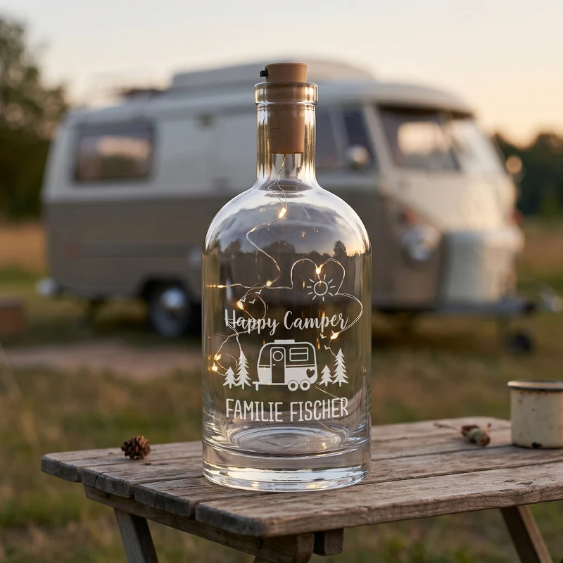 LED Karaffe 'Happy Camper' mit Wunschtext personalisiert | Camping Flaschenlicht aus Glas | Deko Licht
