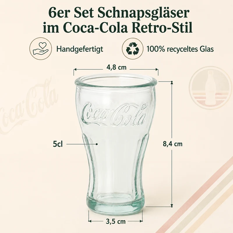 Coca Cola Schnapsgläser 6er Set handgefertigt 5cl | Retro Stamper aus recyceltem Glas