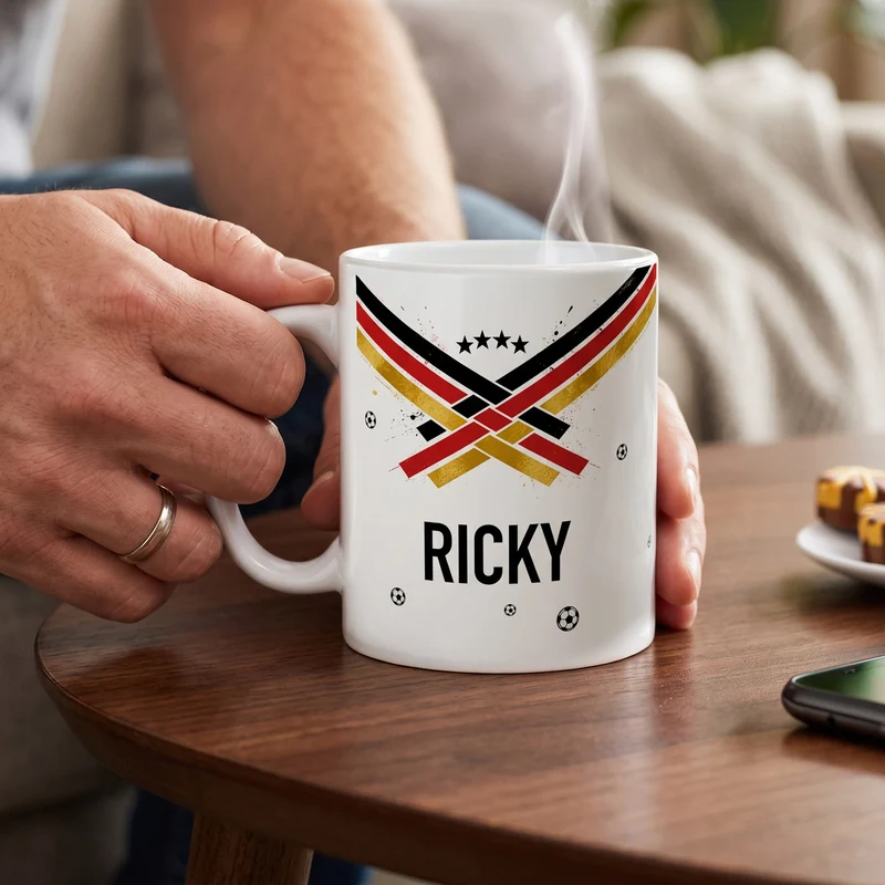 Fußball Tasse mit Name und Deutschland Flagge Schwarz Rot Gold | Geschenk für Fußballer zur WM & EM