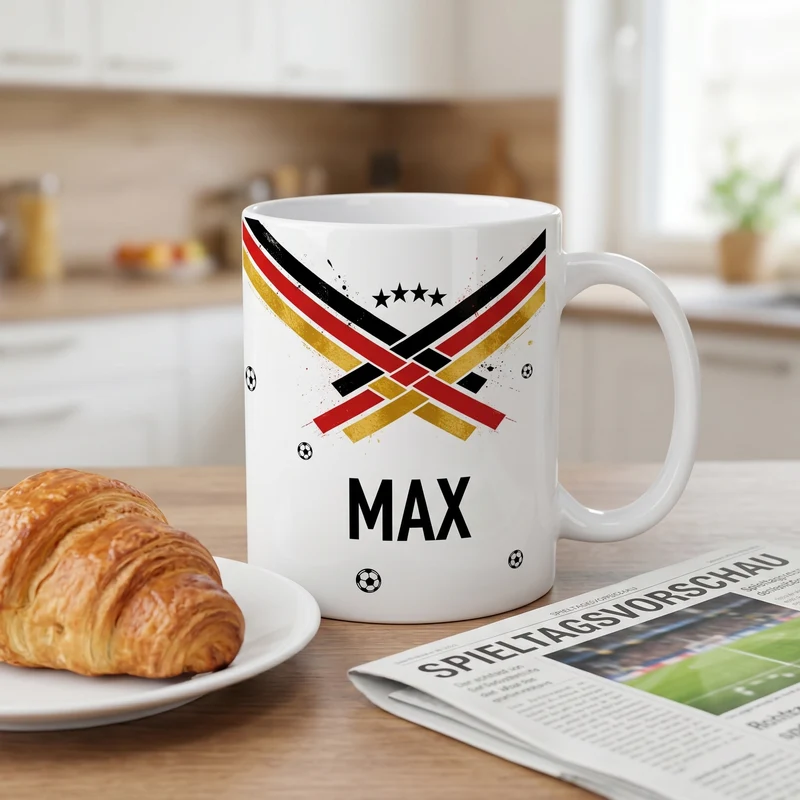 Fußball Tasse mit Name und Deutschland Flagge Schwarz Rot Gold | Geschenk für Fußballer zur WM & EM