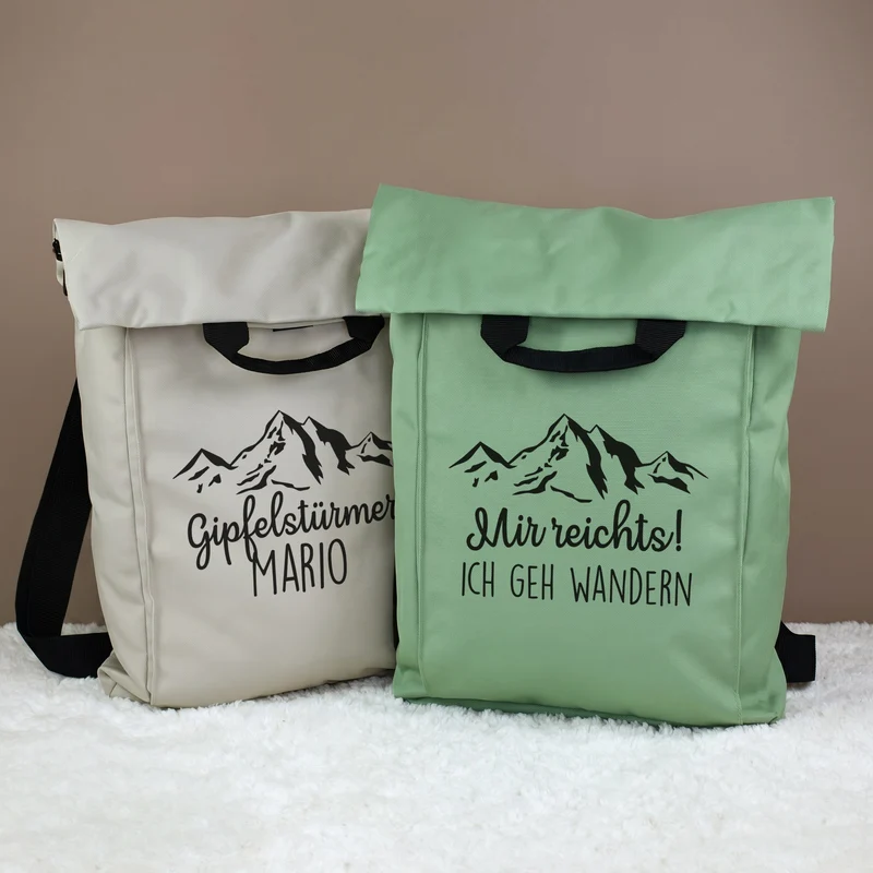 2-in-1 Rucksack & Tasche personalisiert mit Wunschtext | Geschenk mit Berg Motiv für Wandern & Urlaub