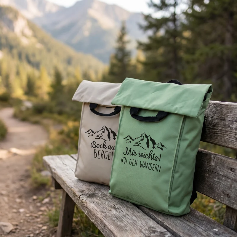 2-in-1 Rucksack & Tasche personalisiert mit Wunschtext | Geschenk mit Berg Motiv für Wandern & Urlaub