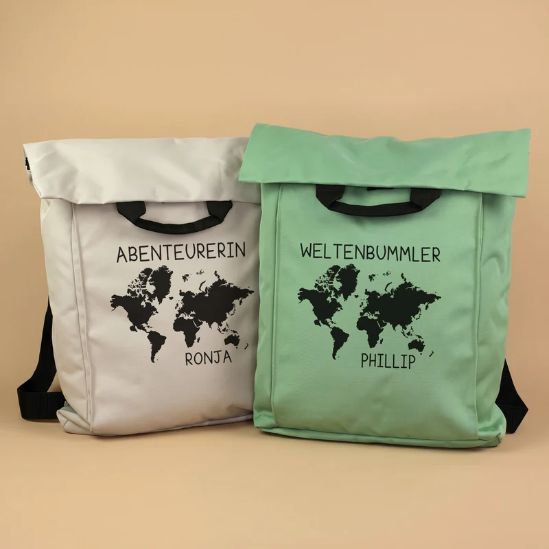 Leichter 2-in-1 Rucksack & Tasche personalisiert mit Wunschtext und Name | Weltkarte Motiv für Reise