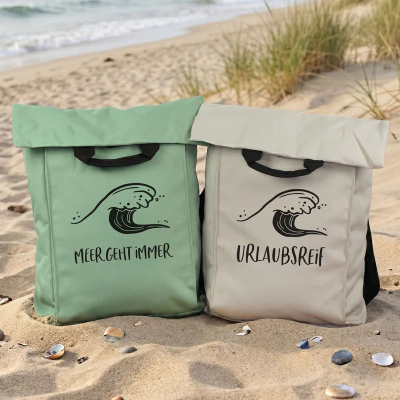 2-in-1 Rucksack & Tasche personalisiert mit Wunschtext und Wellenmotiv für Strand, Wandern & Urlaub