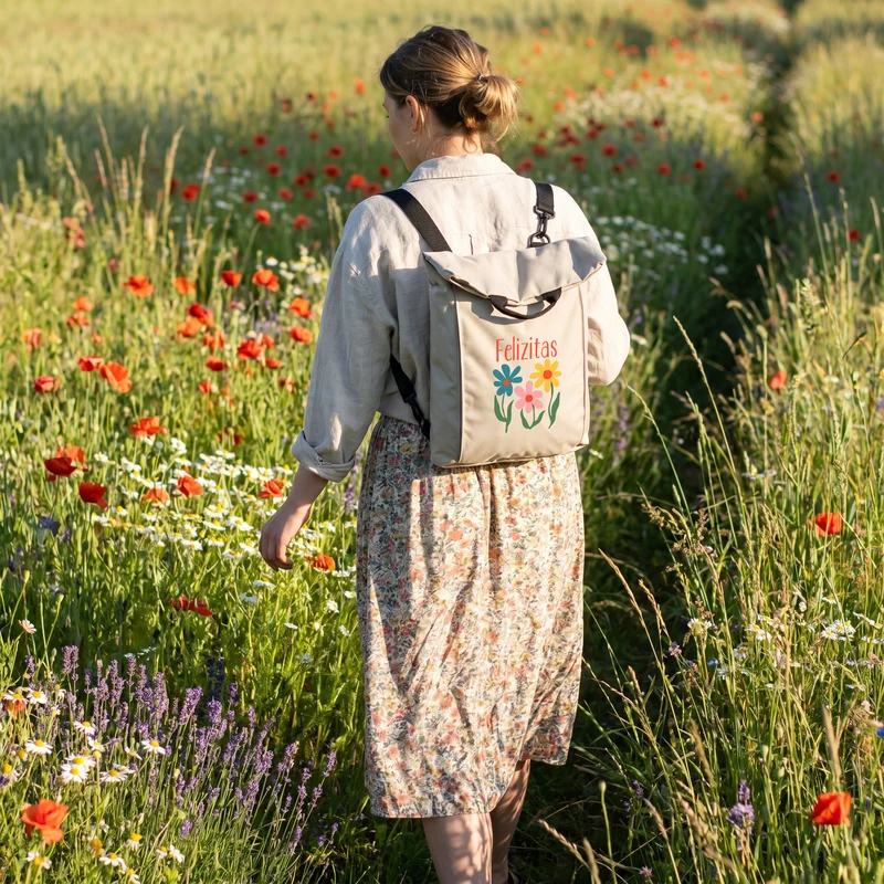 Leichter 2-in-1 Rucksack personalisiert mit Name und Blumen | Geschenk für Frauen, Wandern & Urlaub