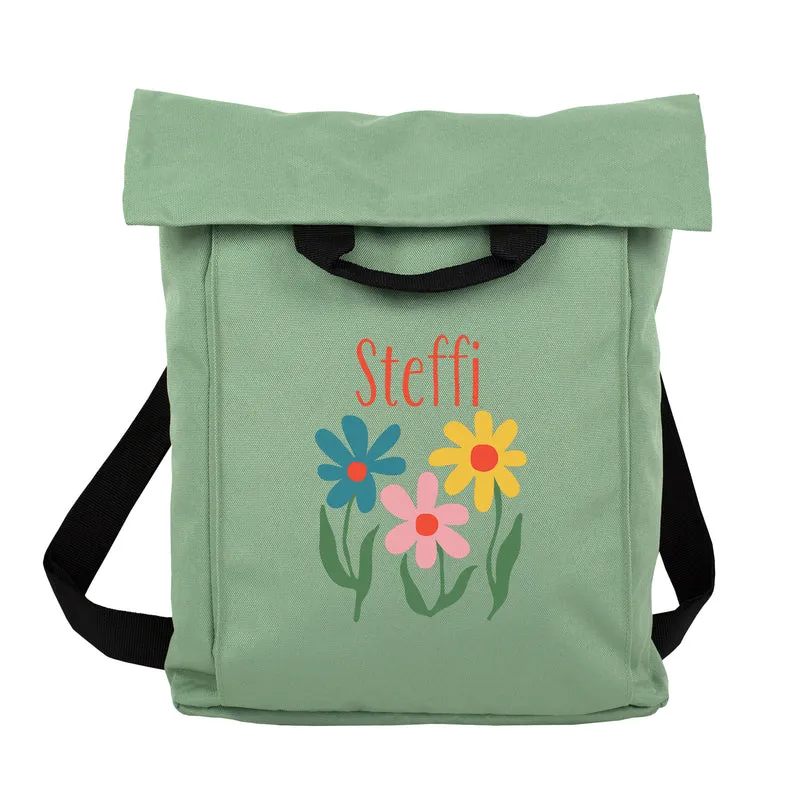 Leichter 2-in-1 Rucksack personalisiert mit Name und Blumen | Geschenk für Frauen, Wandern & Urlaub